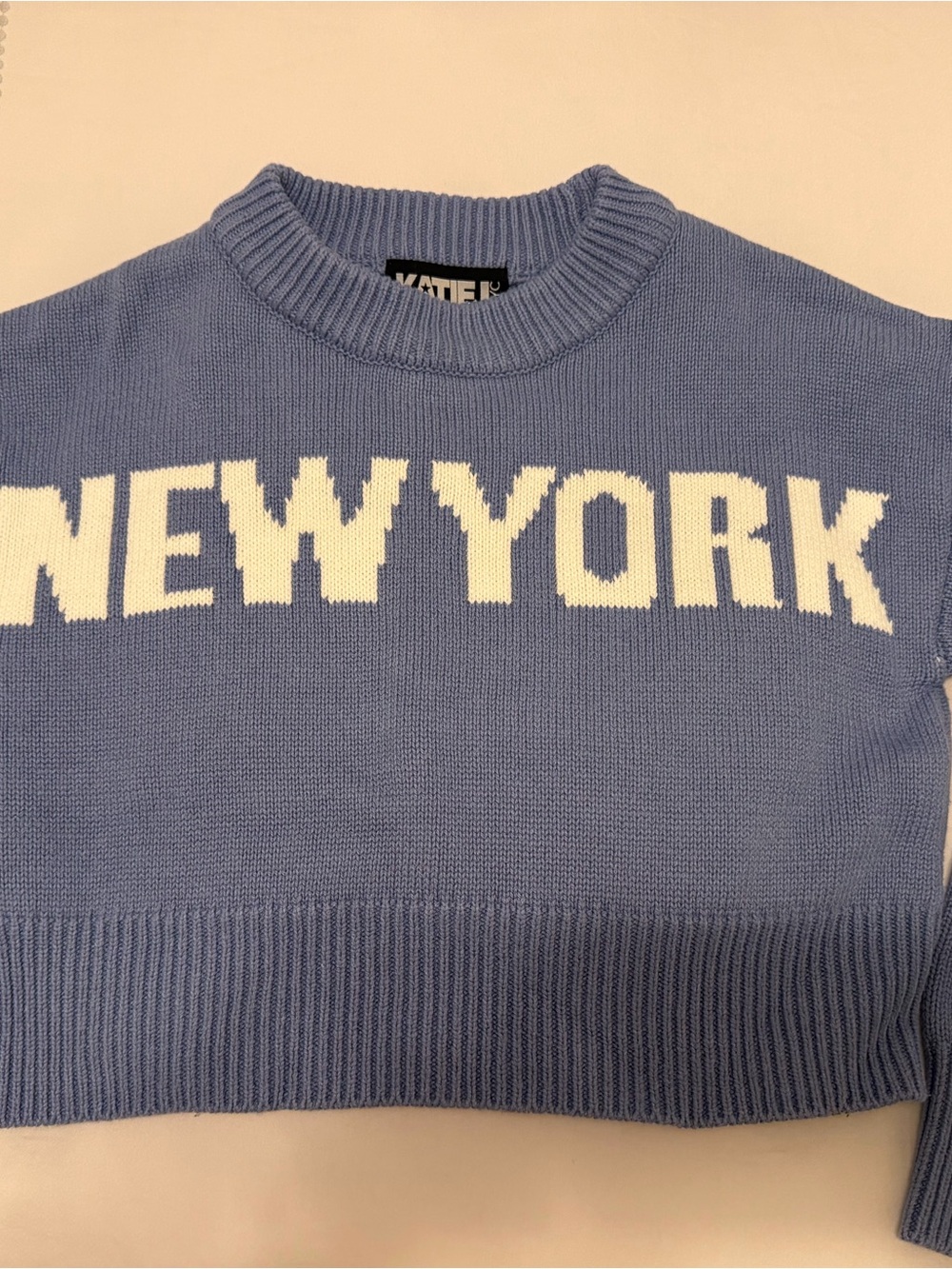 Katie J NYC Blue Cropped Sweater with White NEW YORK Logo